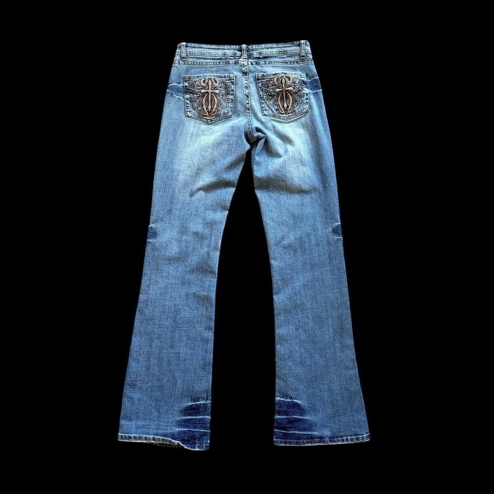 Y2K Cache Low Rise Size 2 Flare Leg Jeans Blue Med Wash Embroidered Cross